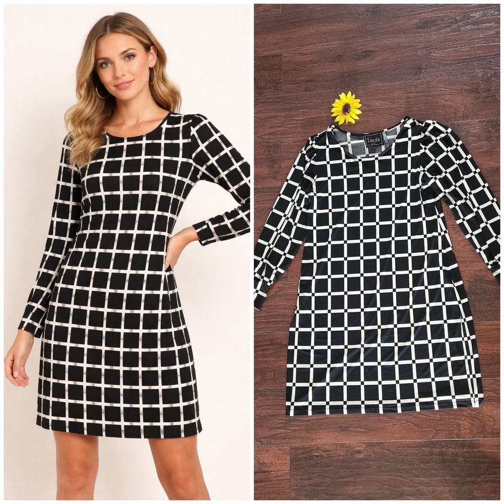 LEOTA Black & White Grid Long Sleeve A-Line Dress